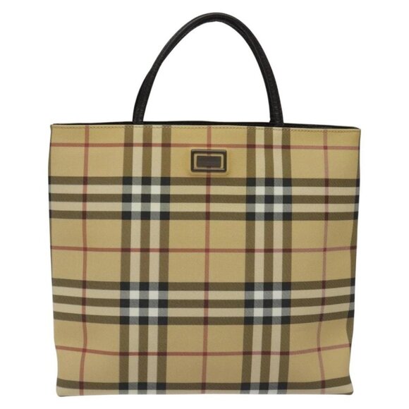 BURBERRY Nova Check Hand Bag PVC Leather Beige Dark Brown Auth - Picture 2 of 14